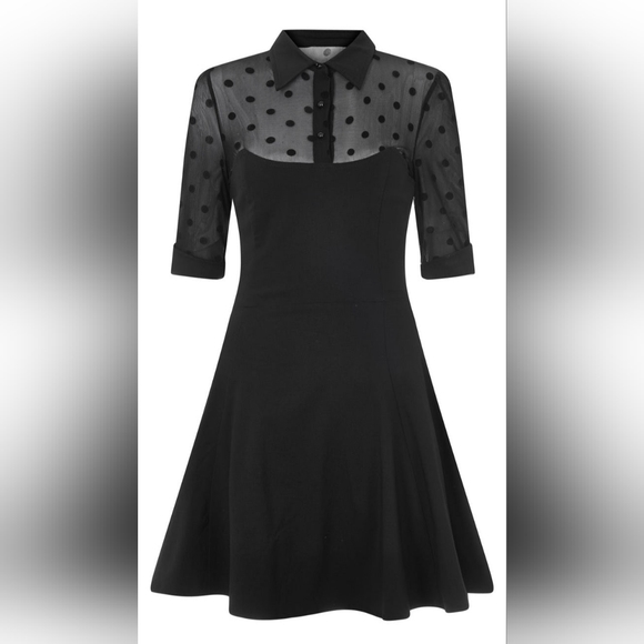 NWOT Collectif Wednesday Black Flocked Polka Dot Collared Swing Dress - Picture 7 of 16